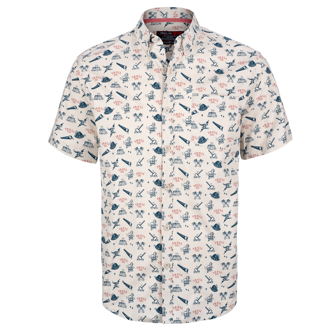 The Hanes button down short sleeve shirt in dust red blue color