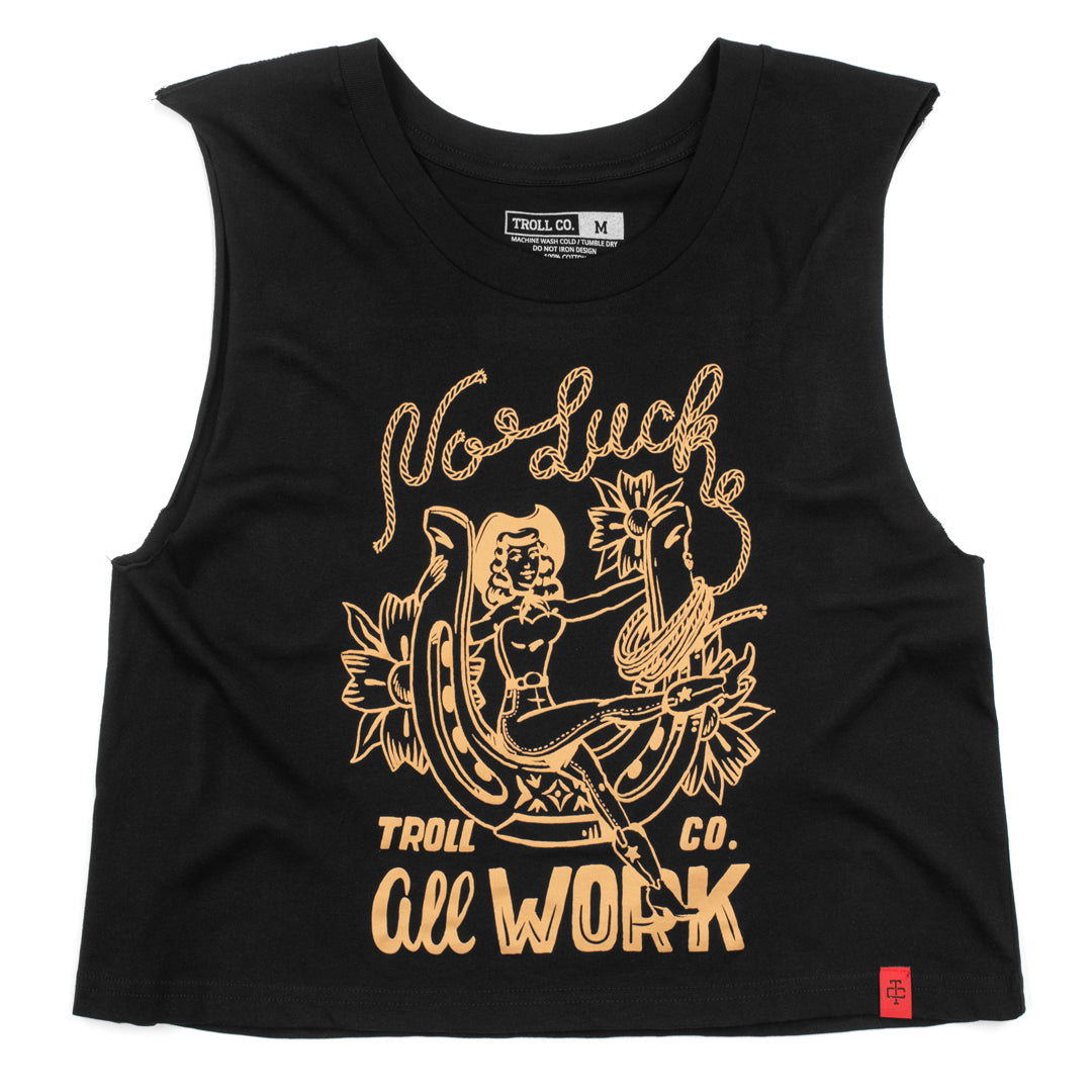 No Luck cropped tank top with No Luck All Work slogan