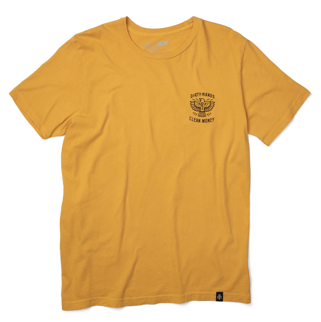 The gold Free Bird tee with the slogan Dirty Hands Clean Money