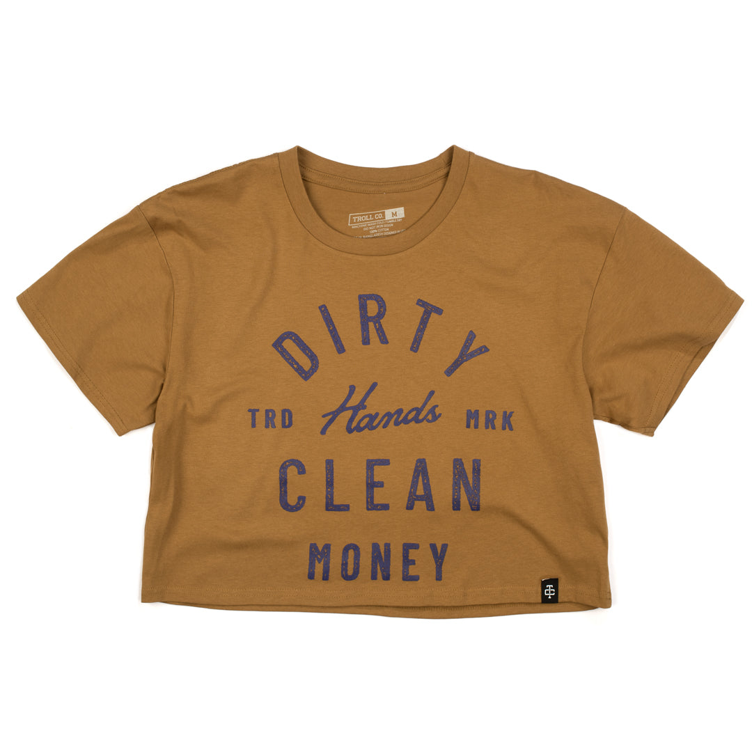 The saddle Juno crop top with the slogan Dirty Hands Clean Money