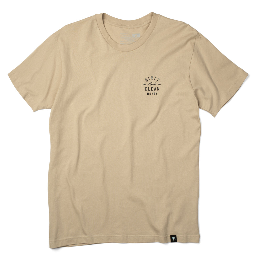 Sandstone Juno t-shirt with the Dirty Hands Clean Money slogan