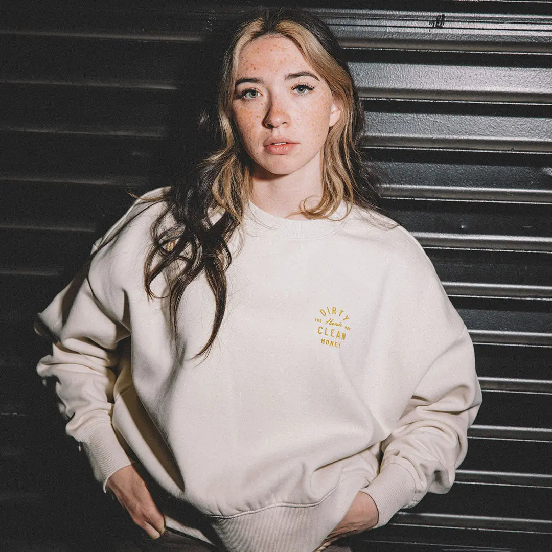 Lexi wearing the ivory Juno crewneck