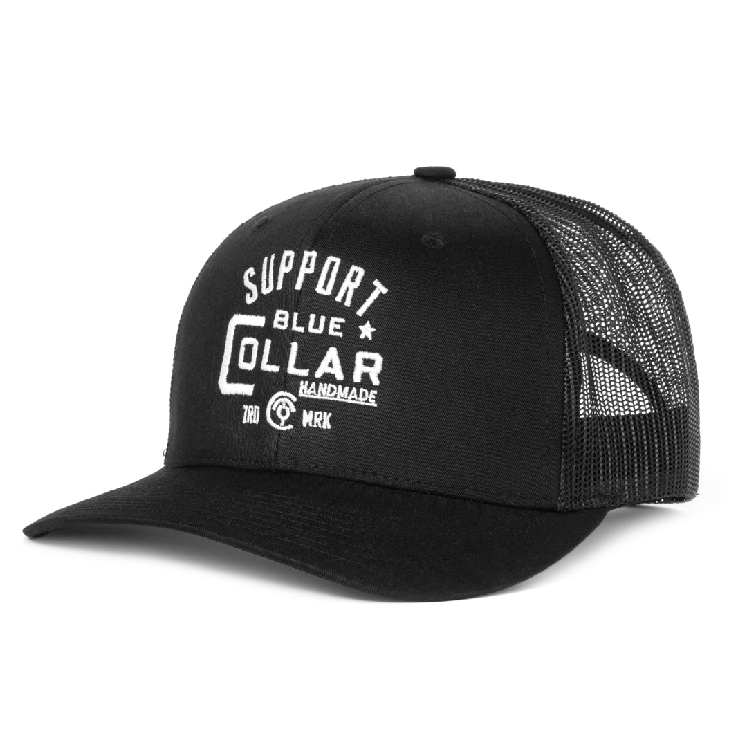 Black Nova curved brim hat with the slogan Support Blue Collar