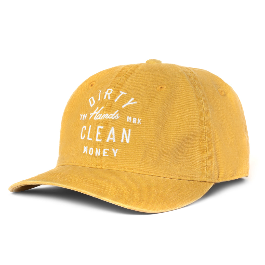 Washed Saddle Juno dad hat with the slogan Dirty Hands Clean Money